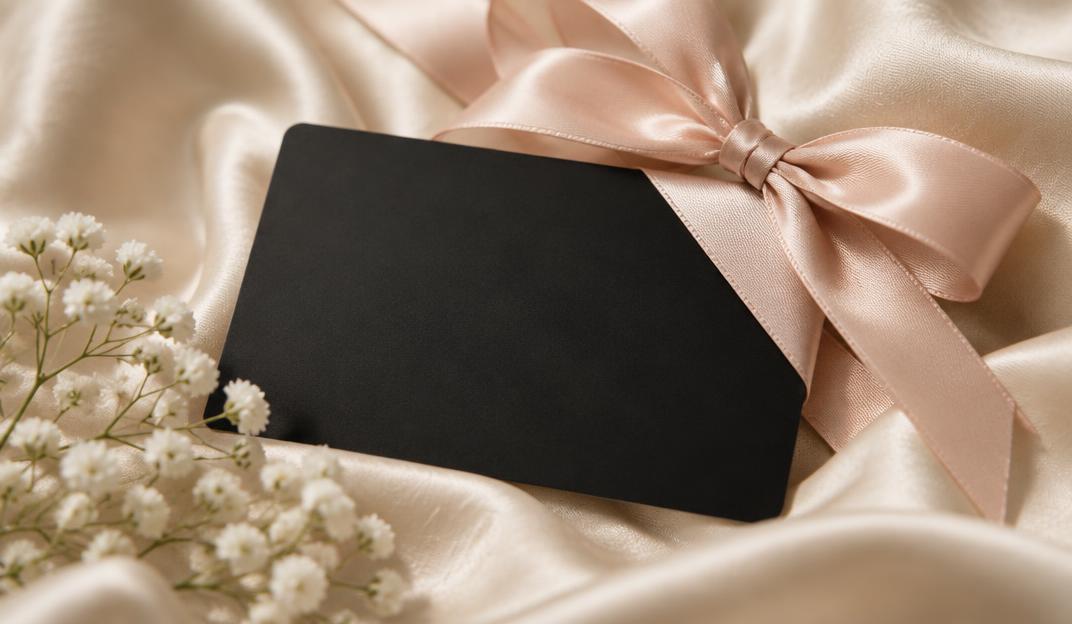 Black ALO gift card wrapped with a blush satin bow